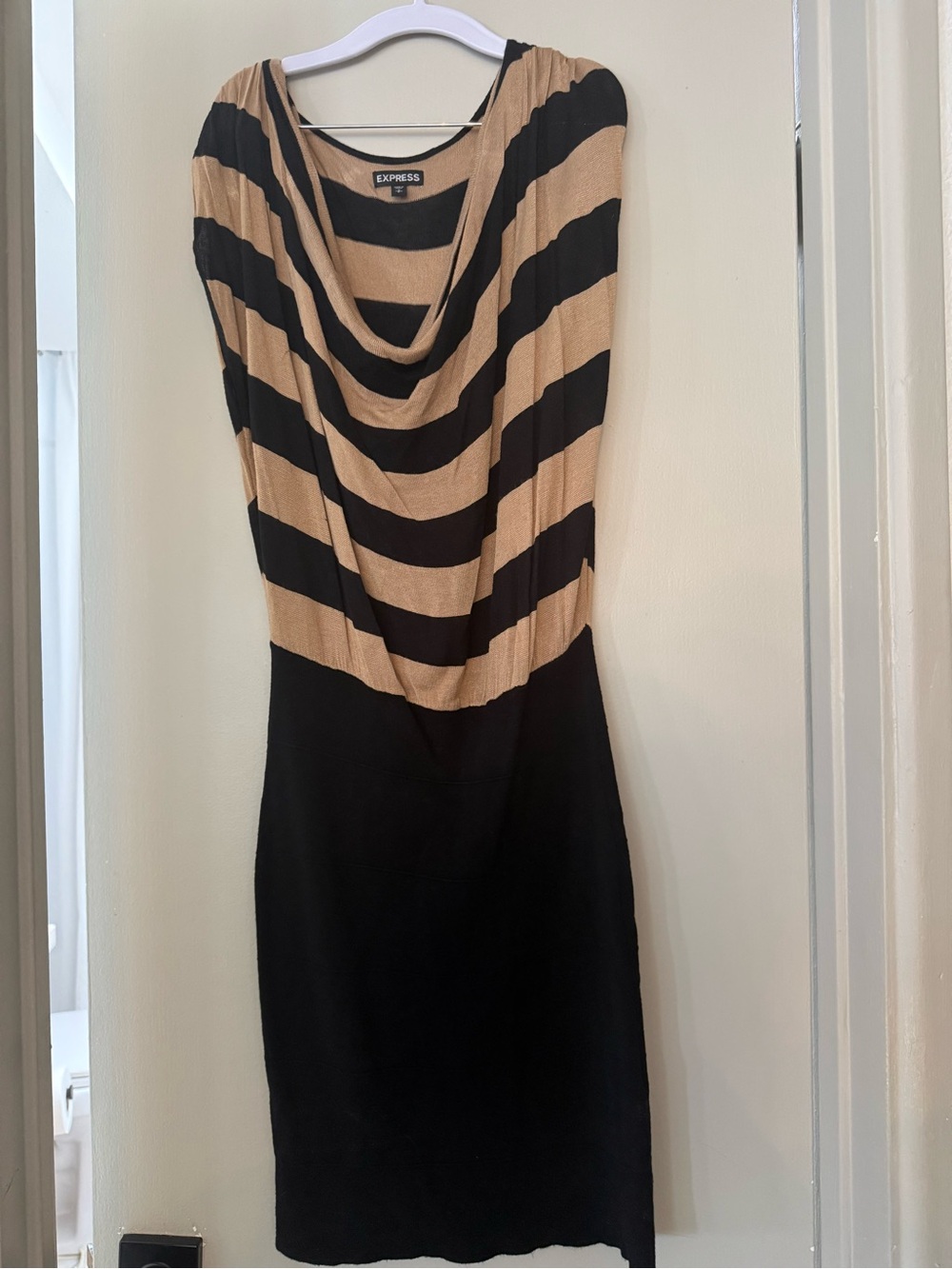 Express Black and Beige Striped Cowl-Neck Midi Dress